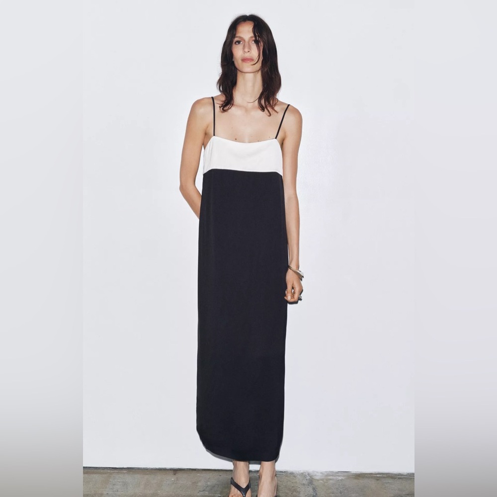 NWT Zara Woman Bloggers Fav ZW COLLECTION MINIMAL SATIN DRESS Black & White XL - Picture 2 of 12